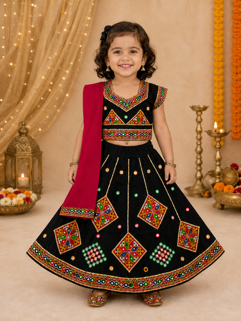 Banjara India Kutchi Embroidered Girls Chaniya Choli with Dupatta (CC-ButtaWork) - Black