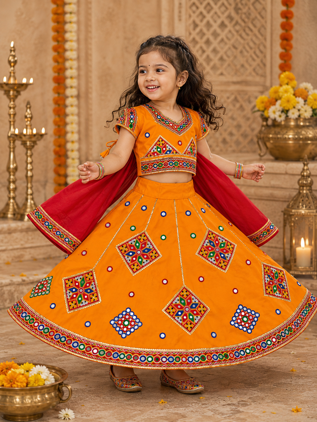 Banjara India Kutchi Embroidered Girls Chaniya Choli with Dupatta (CC-ButtaWork) - Yellow