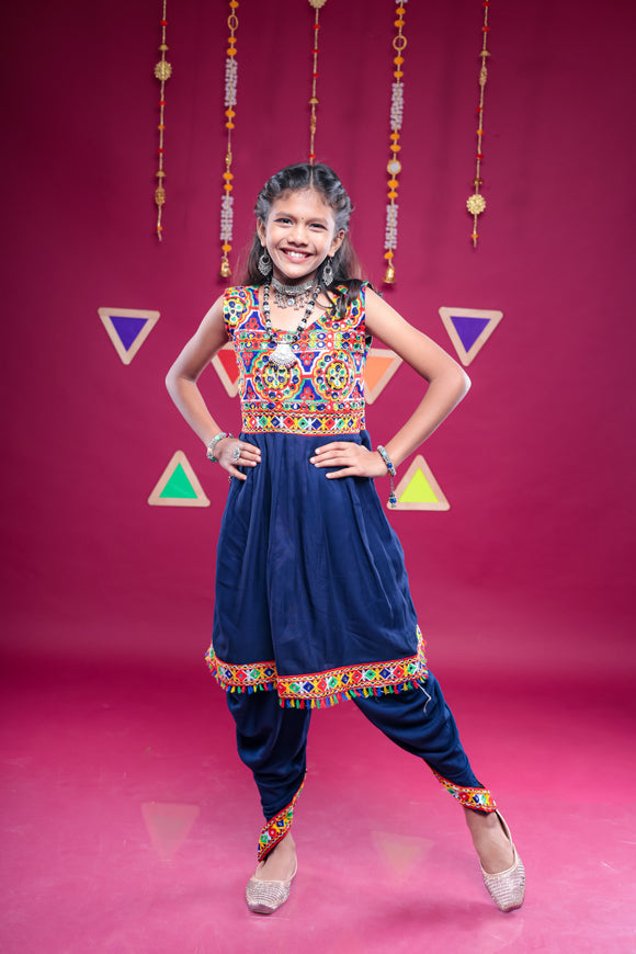 Banjara India Kutchi Emboidered Girls Dhoti Set (DHT-222) - Navy