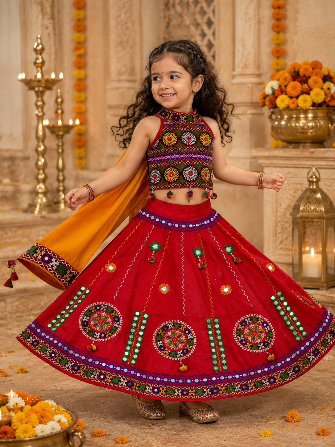 Banjara India Radha Kutch Embroidered Cotton Mirrorwork Festive Wear (Lehenga) Chaniya Choli Set with Dupatta (CC-RADHA-Red)