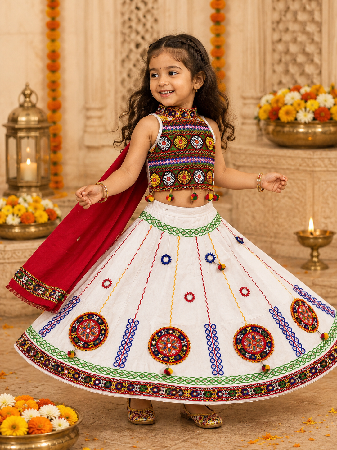 Banjara India Radha Kutch Embroidered Cotton Mirrorwork Festive Wear (Lehenga) Chaniya Choli Set with Dupatta (CC-RADHA-White)