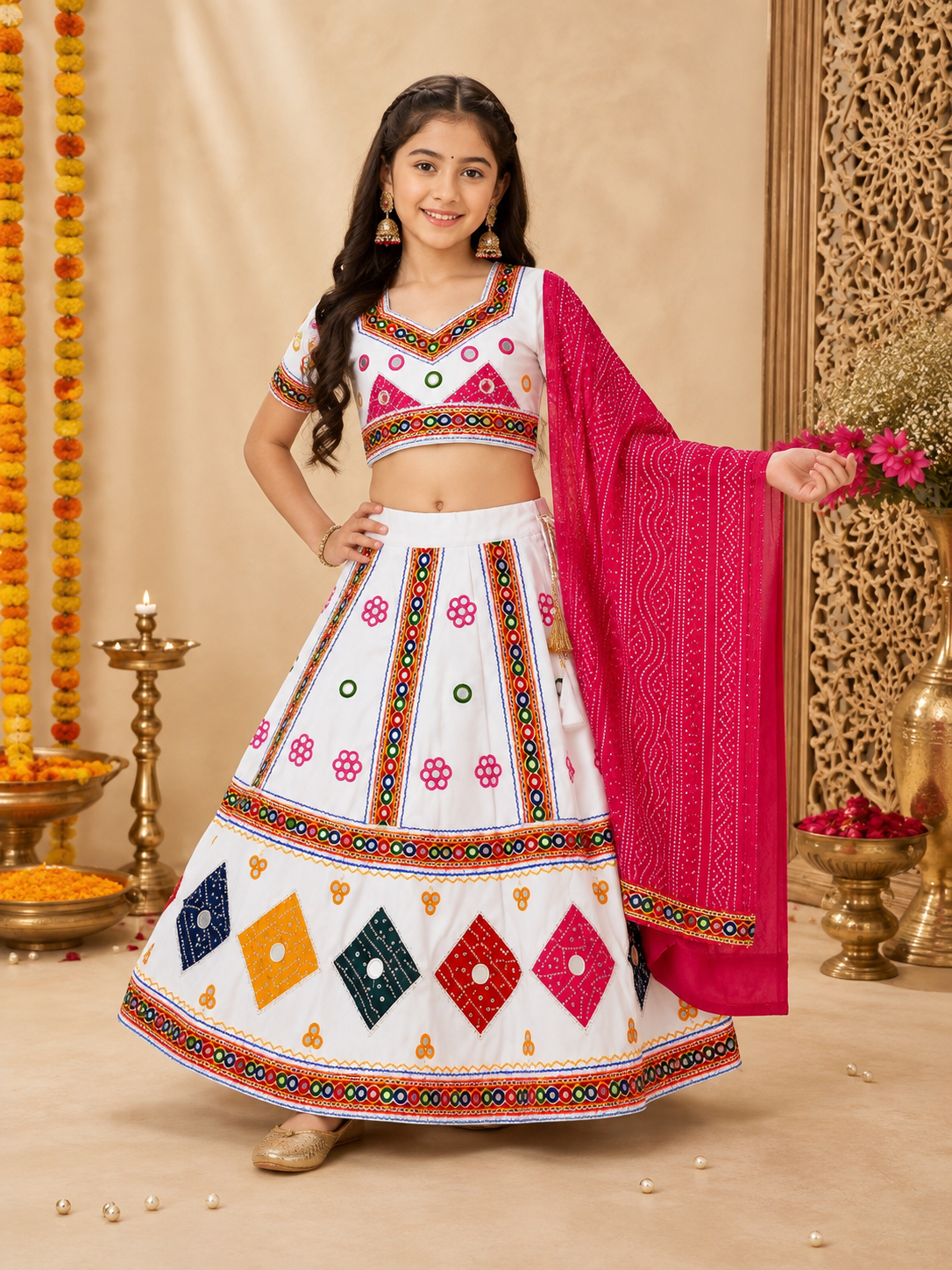 Banjara India Kutchi Embroidered Girls Chaniya Choli with Dupatta (CC-CHN) - White