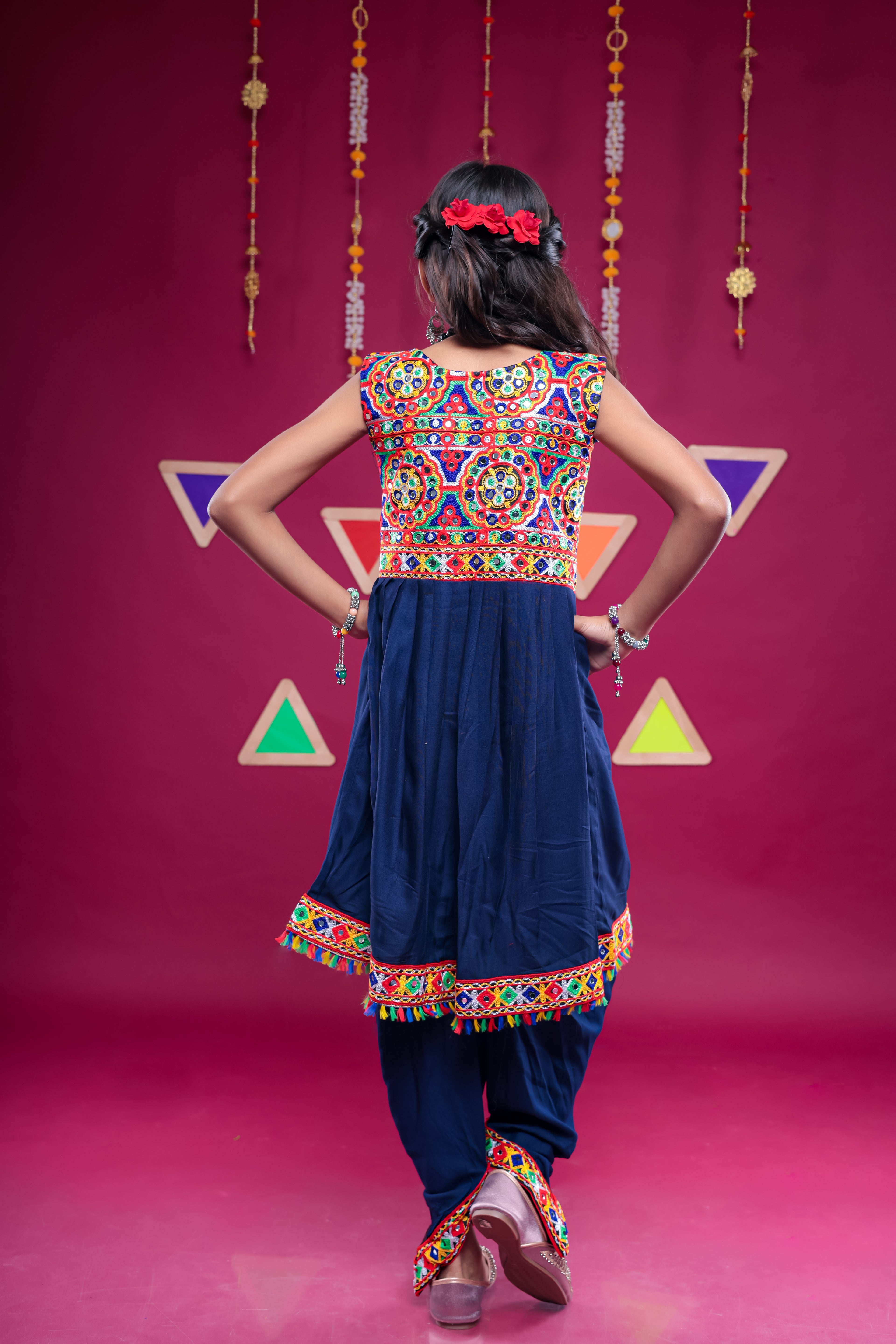 Banjara India Kutchi Emboidered Girls Dhoti Set (DHT-222) - Navy
