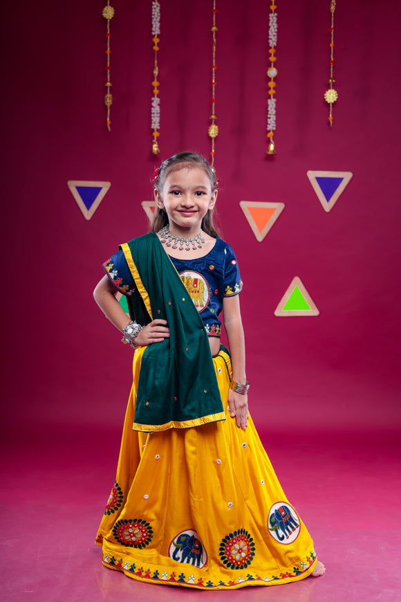 Banjara India Kutchi Embroidered Girls Chaniya Choli with Dupatta (CC-Flower)-Yellow