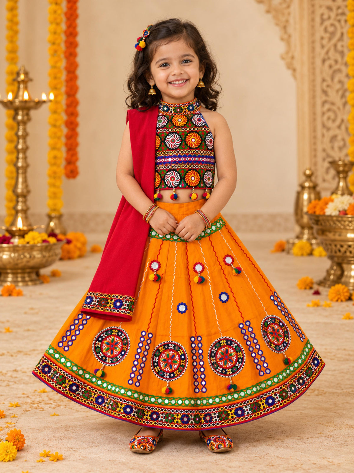 Banjara India Radha Kutch Embroidered Cotton Mirrorwork Festive Wear (Lehenga) Chaniya Choli Set with Dupatta (CC-RADHA-Yellow)