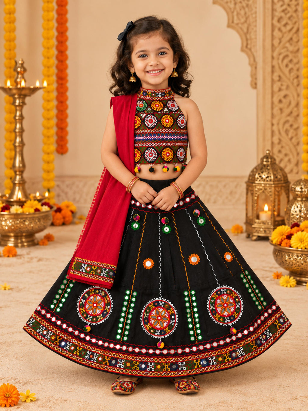 Banjara India Radha Kutch Embroidered Cotton Mirrorwork Festive Wear (Lehenga) Chaniya Choli Set with Dupatta (CC-RADHA-Black)