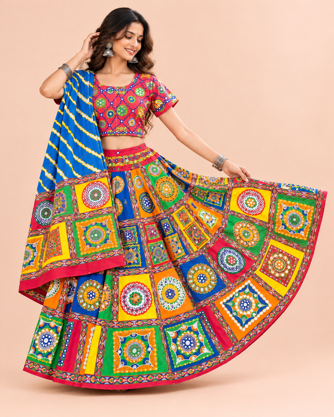 Banjara India Cotton Long Flair Aari Embroidery Kutch Work (Lehenga Choli) Chaniya Choli Set with Dupatta-(FSCC-Diamond)Red