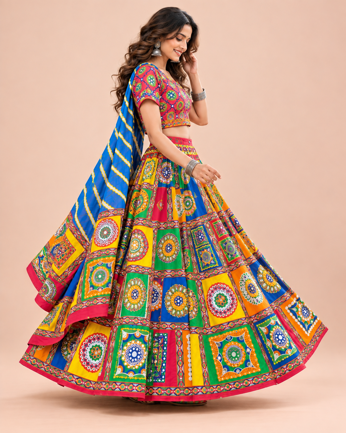 Banjara India Cotton Long Flair Aari Embroidery Kutch Work (Lehenga Choli) Chaniya Choli Set with Dupatta-(FSCC-Diamond)Red