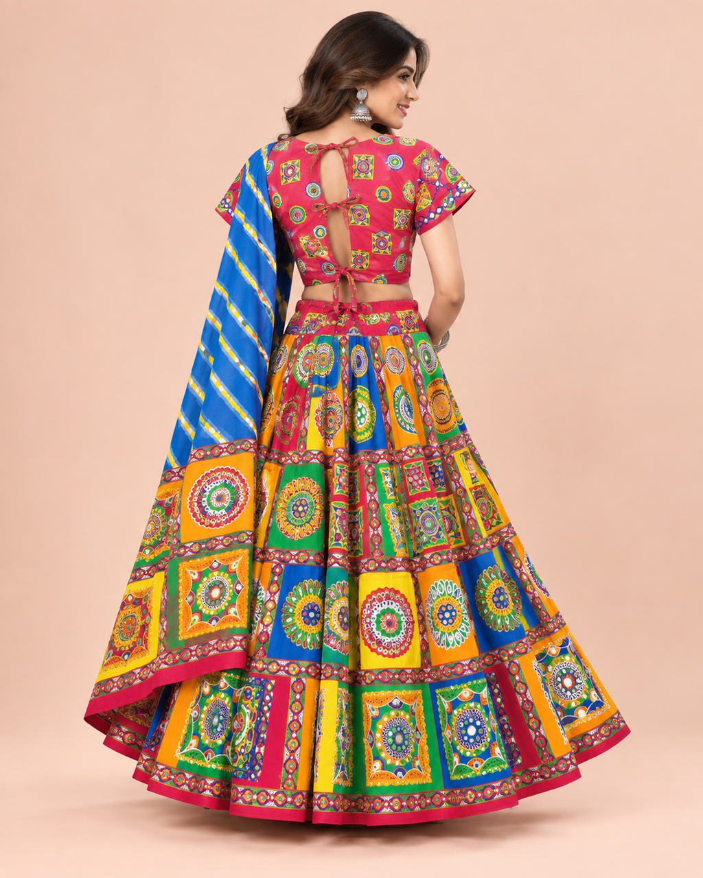 Banjara India Cotton Long Flair Aari Embroidery Kutch Work (Lehenga Choli) Chaniya Choli Set with Dupatta-(FSCC-Diamond)Red