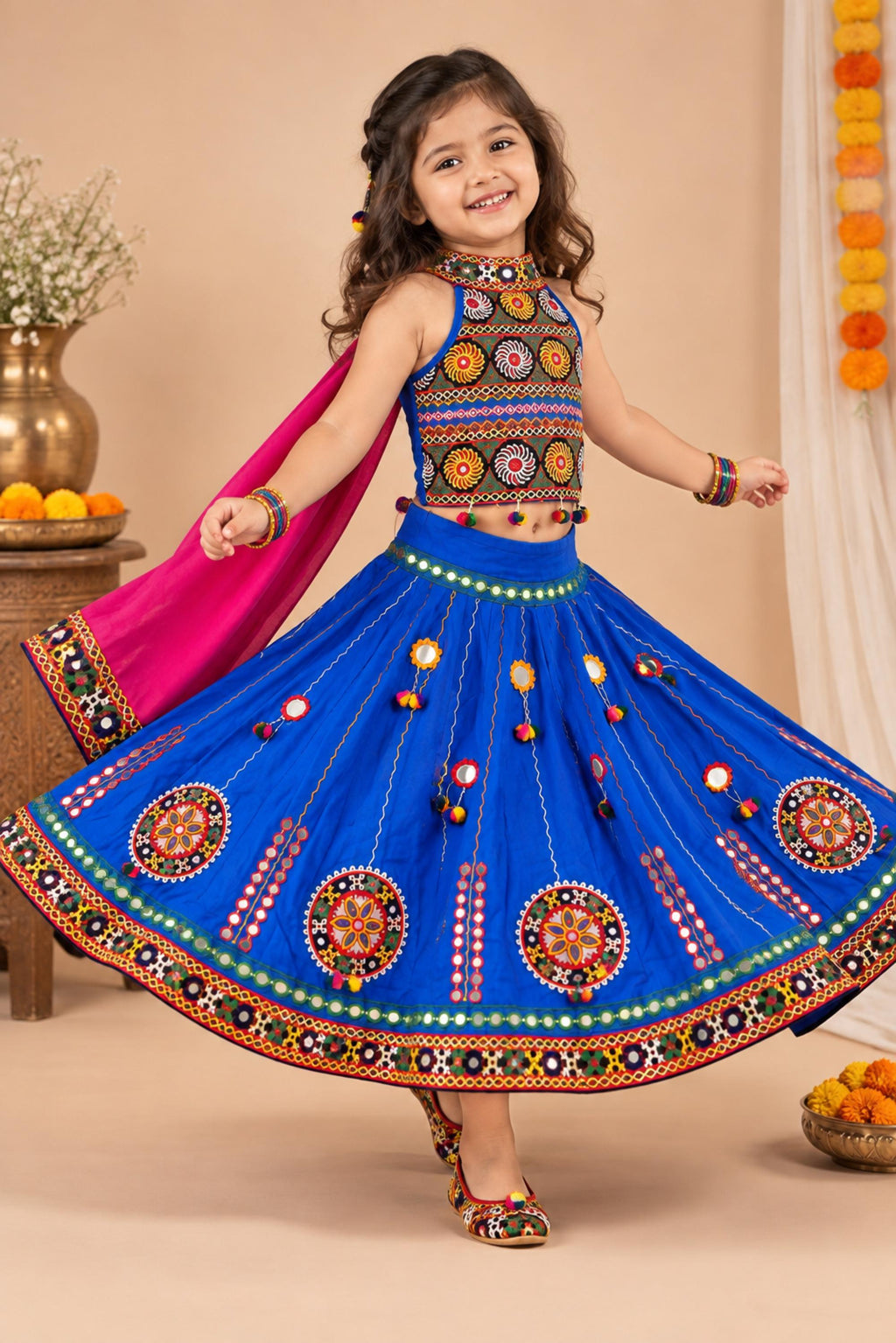Banjara India Radha Kutch Embroidered Cotton Mirrorwork Festive Wear (Lehenga) Chaniya Choli Set with Dupatta (CC-RADHA-Blue)