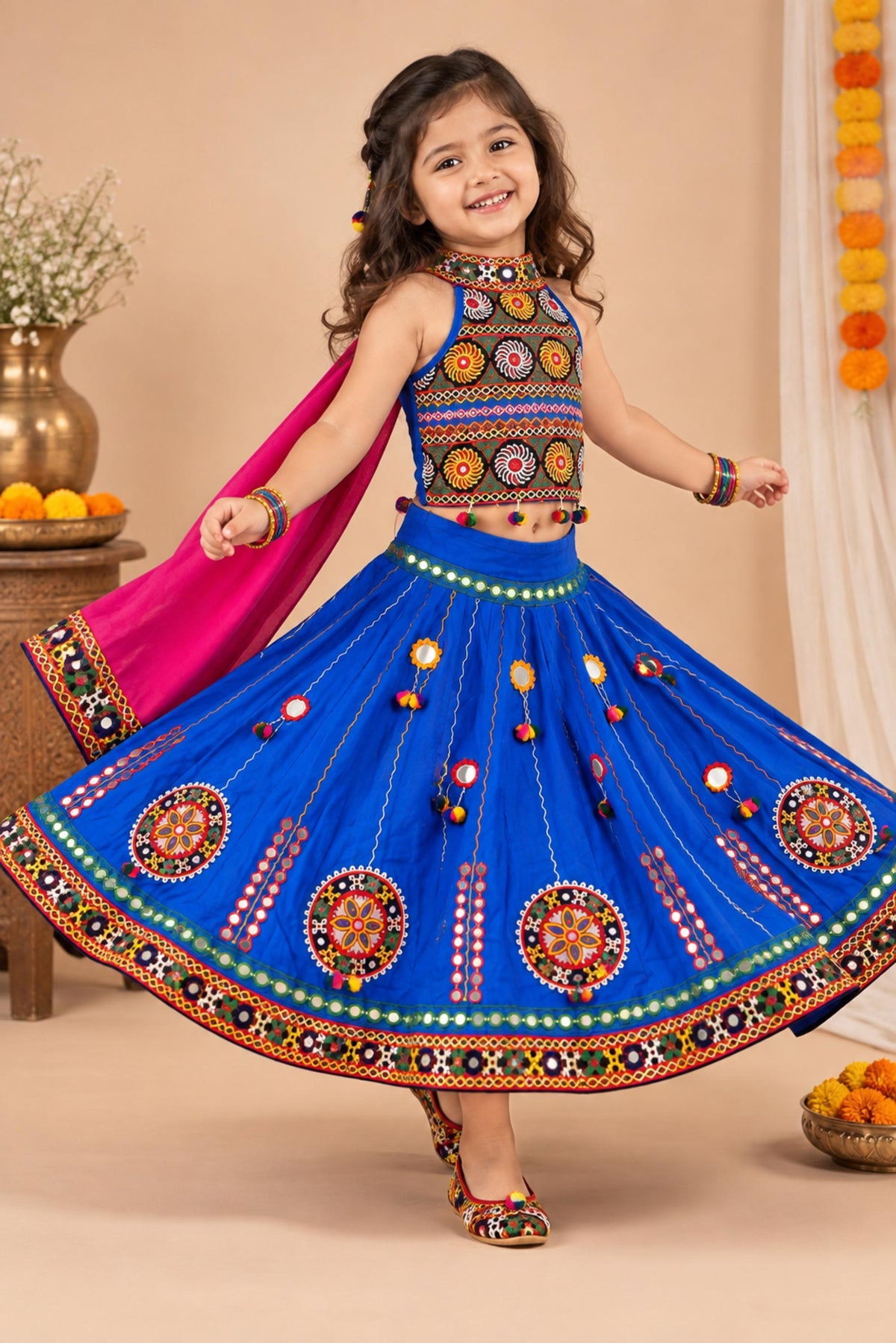Banjara India Radha Kutch Embroidered Cotton Mirrorwork Festive Wear (Lehenga) Chaniya Choli Set with Dupatta (CC-RADHA-Blue)