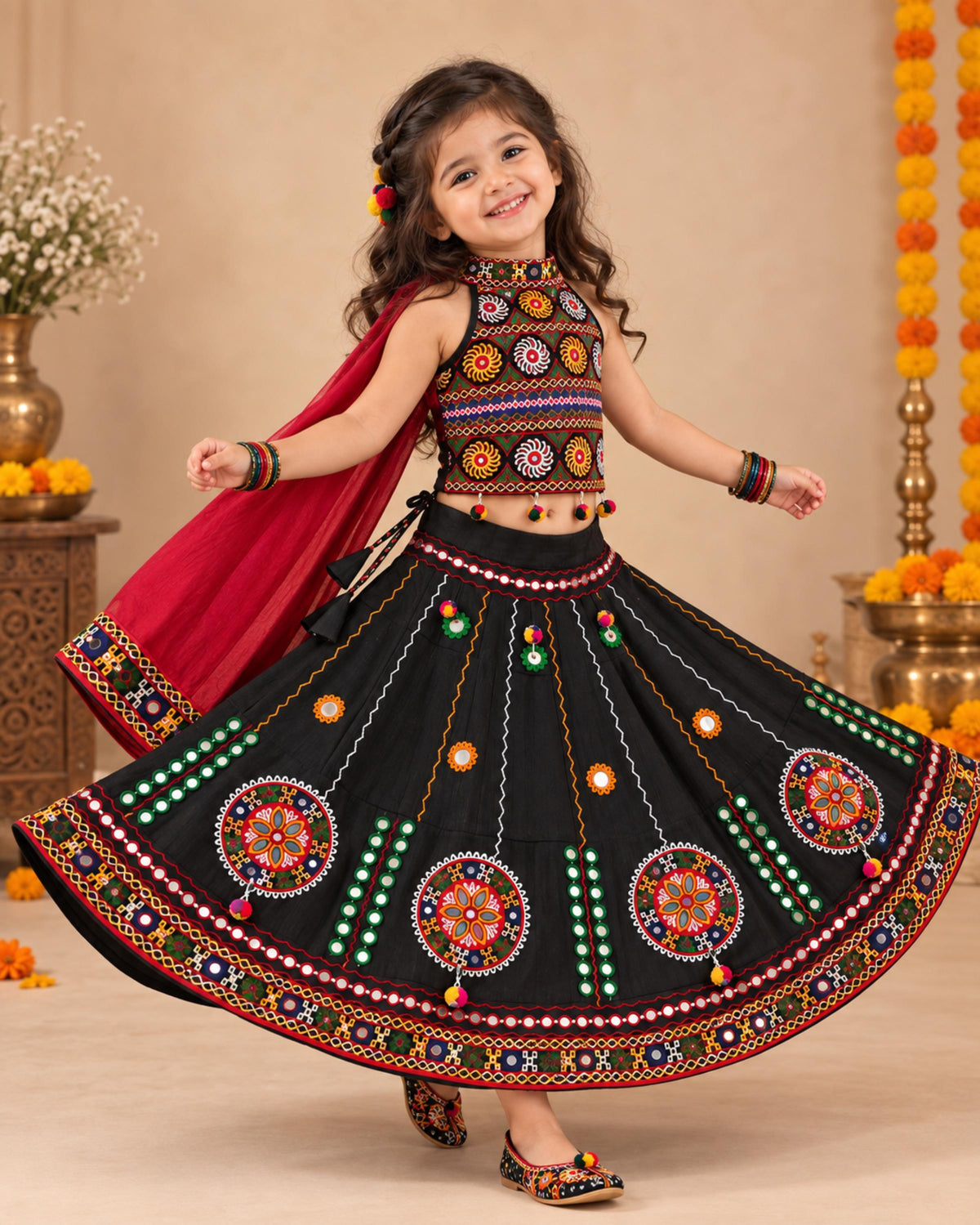 Banjara India Radha Kutch Embroidered Cotton Mirrorwork Festive Wear (Lehenga) Chaniya Choli Set with Dupatta (CC-RADHA-Black)