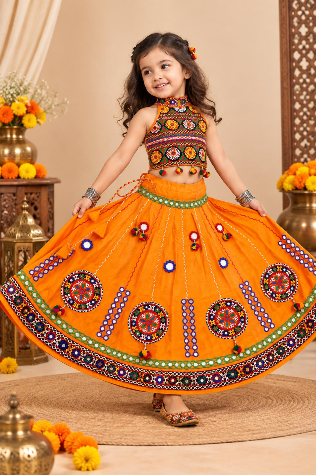 Banjara India Radha Kutch Embroidered Cotton Mirrorwork Festive Wear (Lehenga) Chaniya Choli Set with Dupatta (CC-RADHA-Yellow)
