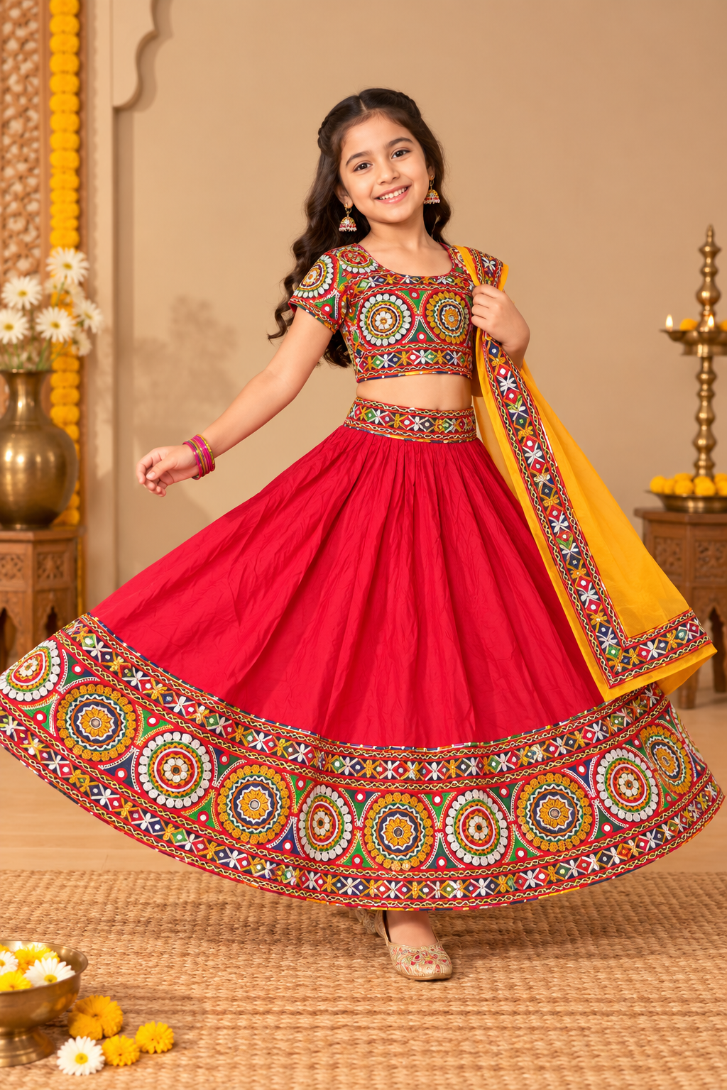 Banjara India Festive Wear Kutchwork Embroidered Girls Lehenga Choli Set with Dupatta (CC-CKKR) - Red