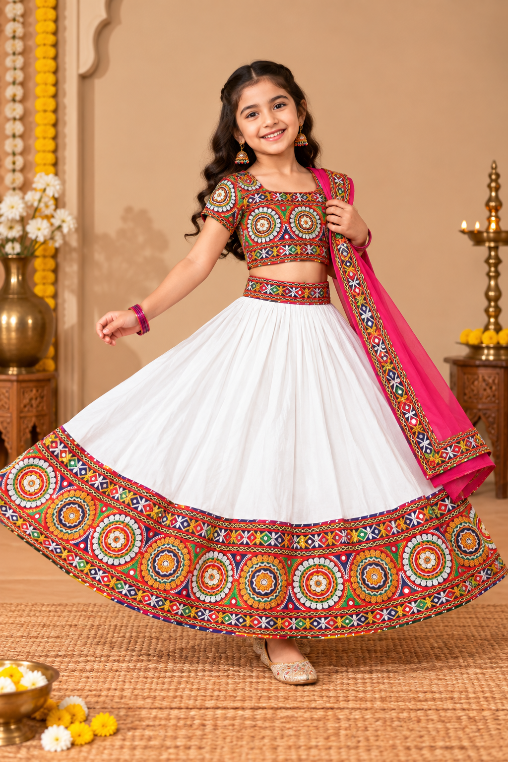 Banjara India Festive Wear Kutchwork Embroidered Girls Lehenga Choli Set with Dupatta (CC-CKKR) - White