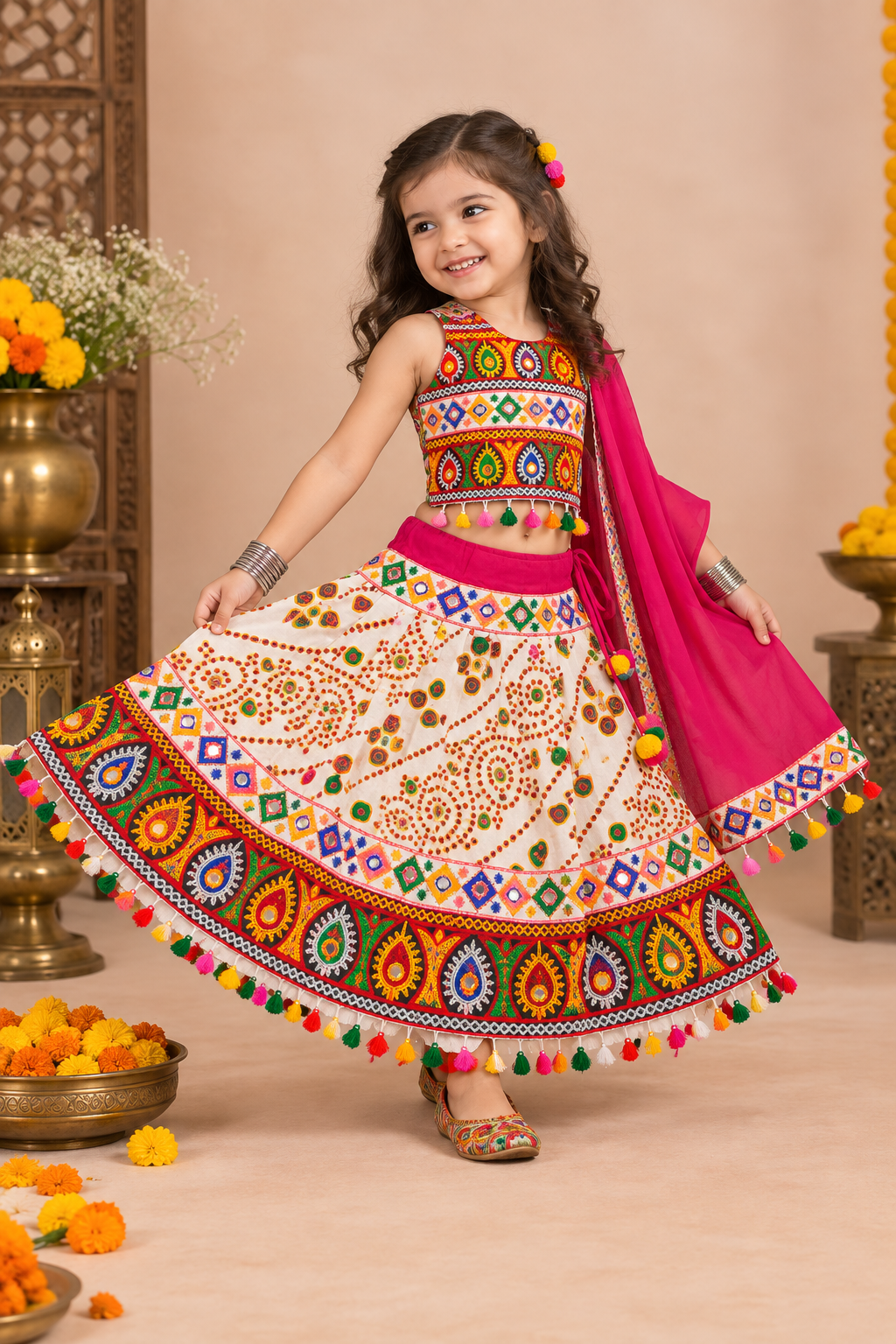 Banjara India Kutchi Emboidered Black Girls Chaniya Choli with Dupatta (CC-RJS) - White