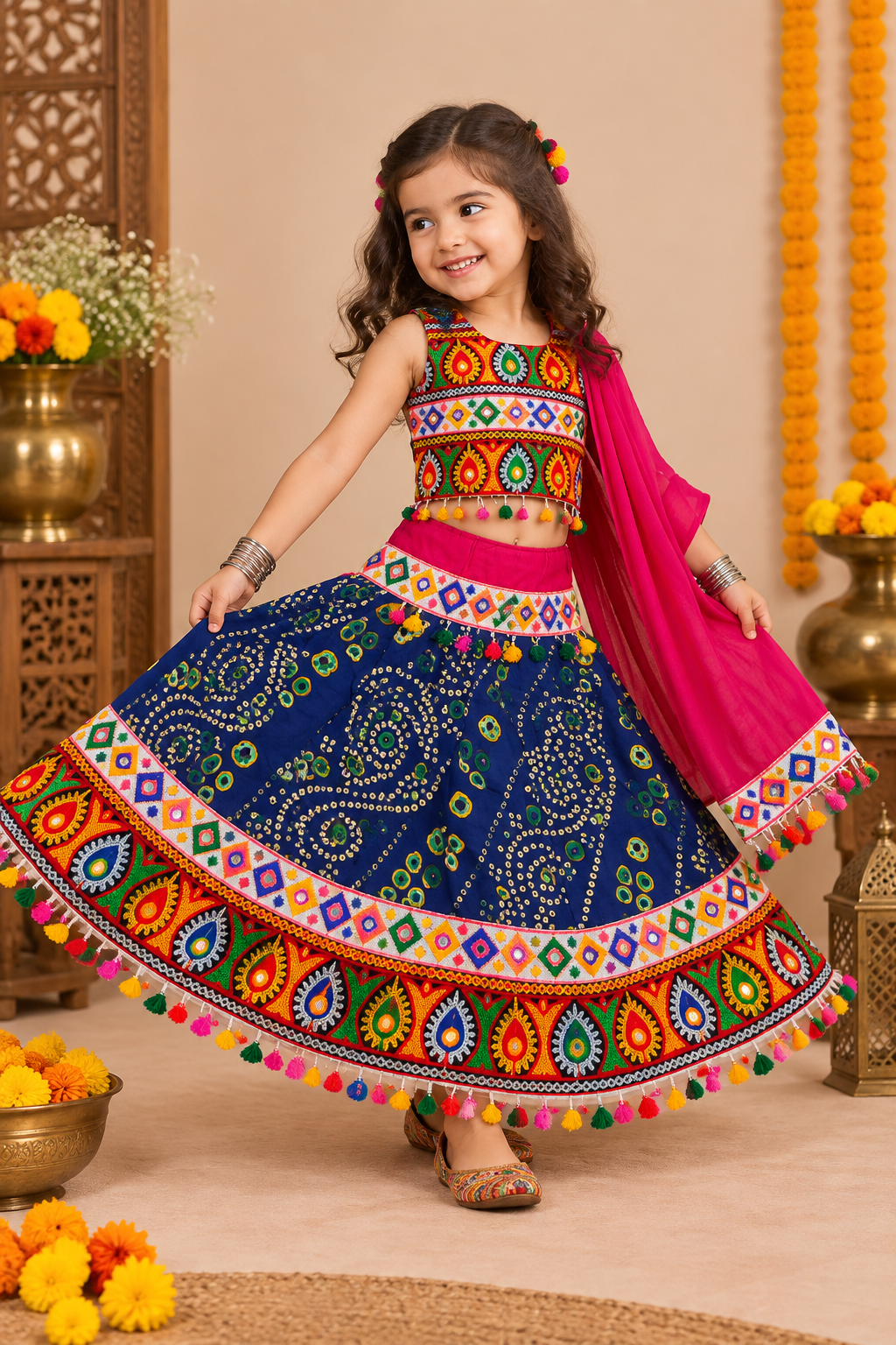 Banjara India Kutchi Emboidered Black Girls Chaniya Choli with Dupatta (CC-RJS) - Blue