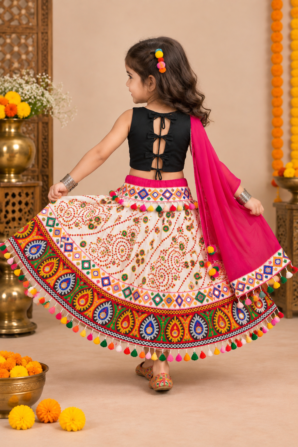 Banjara India Kutchi Emboidered Black Girls Chaniya Choli with Dupatta (CC-RJS) - White