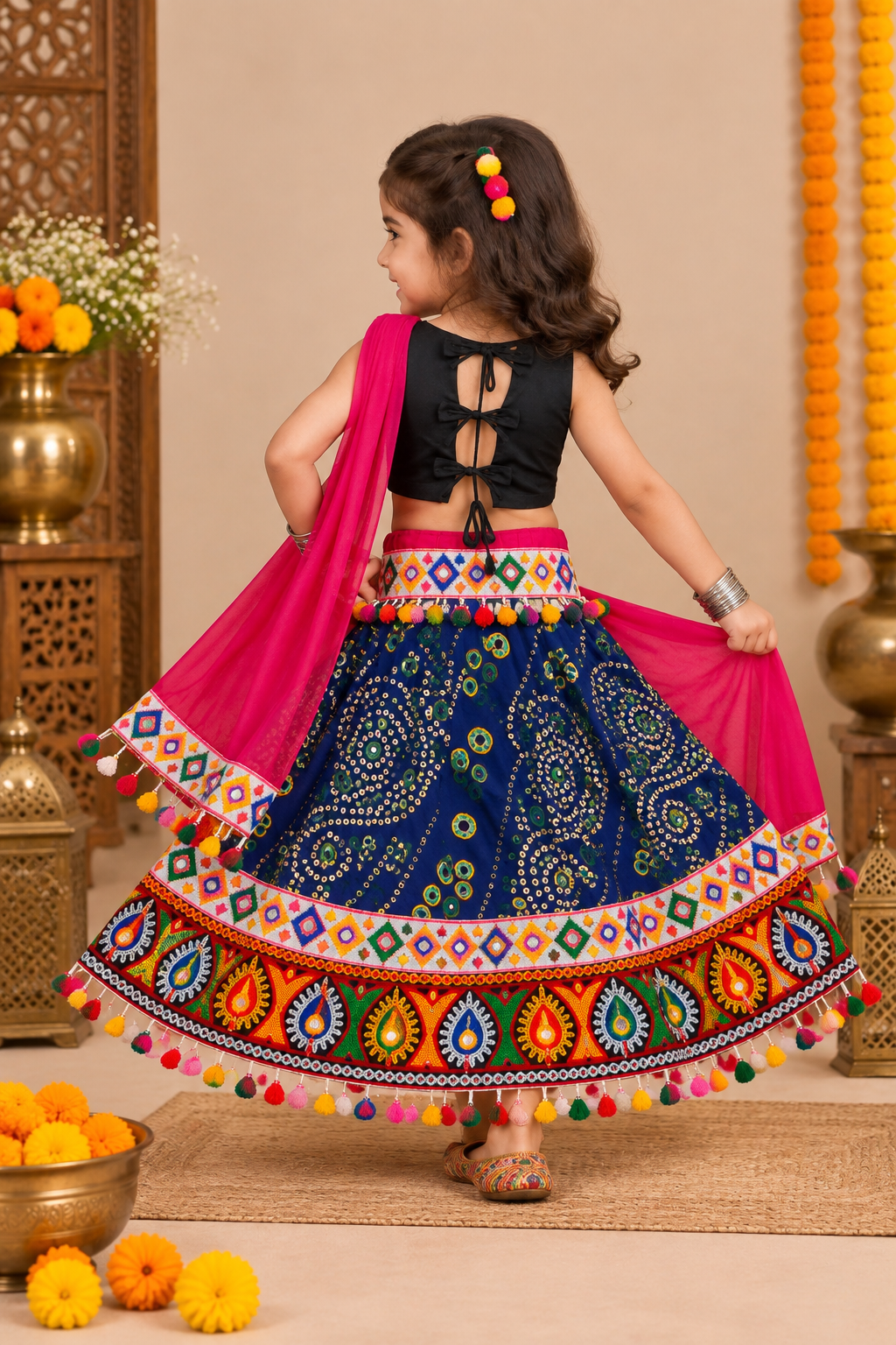 Banjara India Kutchi Emboidered Black Girls Chaniya Choli with Dupatta (CC-RJS) - Blue