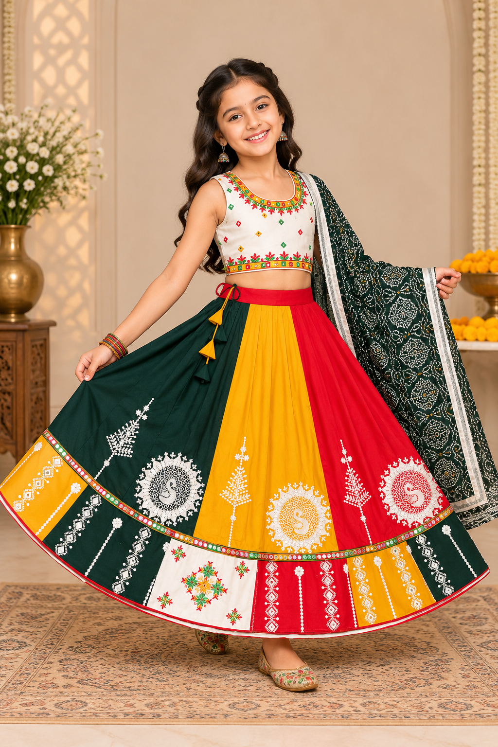 Banjara India Kutchi Embroidered Black Girls Chaniya Choli with Dupatta (CC-FNCY) - White
