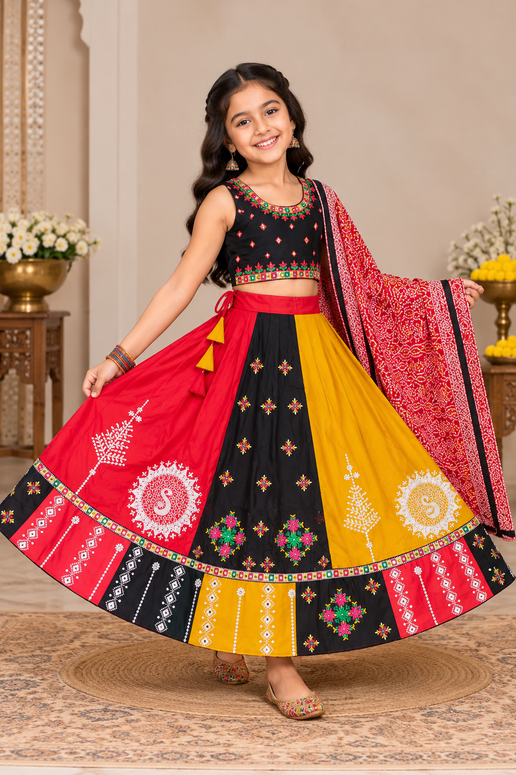 Banjara India Kutchi Embroidered Black Girls Chaniya Choli with Dupatta (CC-FNCY) - Black