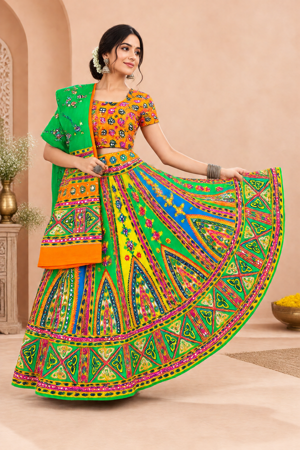 Banjara India Cotton Long Flair Aari Embroidery Kutch Work (Lehenga Choli) Chaniya Choli Set with Dupatta-Temple-07
