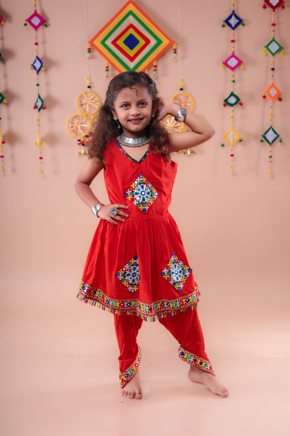 Banjara India Kutchi Embroidered Girls Dhoti Set (DHT-111) - Red