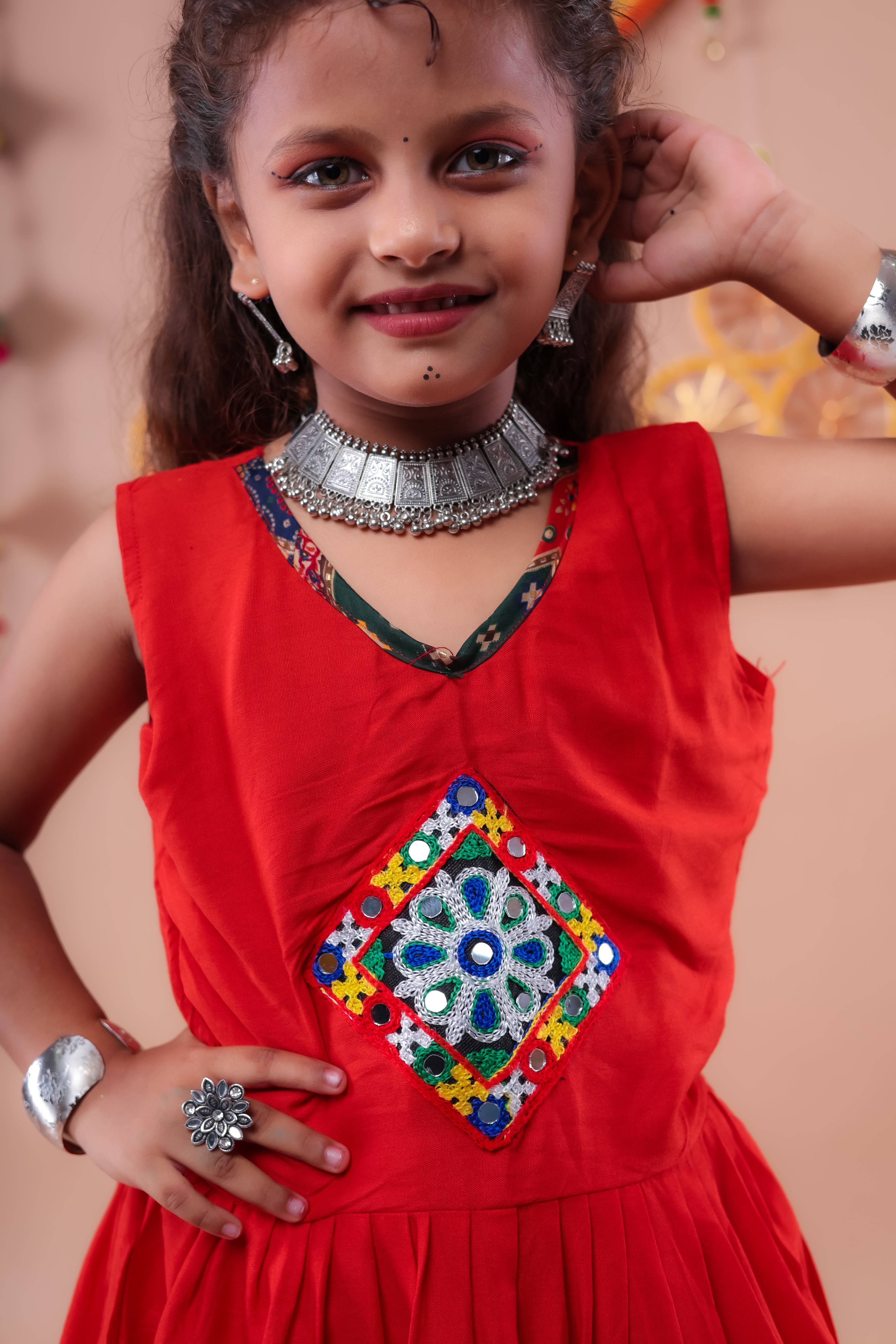 Banjara India Kutchi Embroidered Girls Dhoti Set (DHT-111) - Red