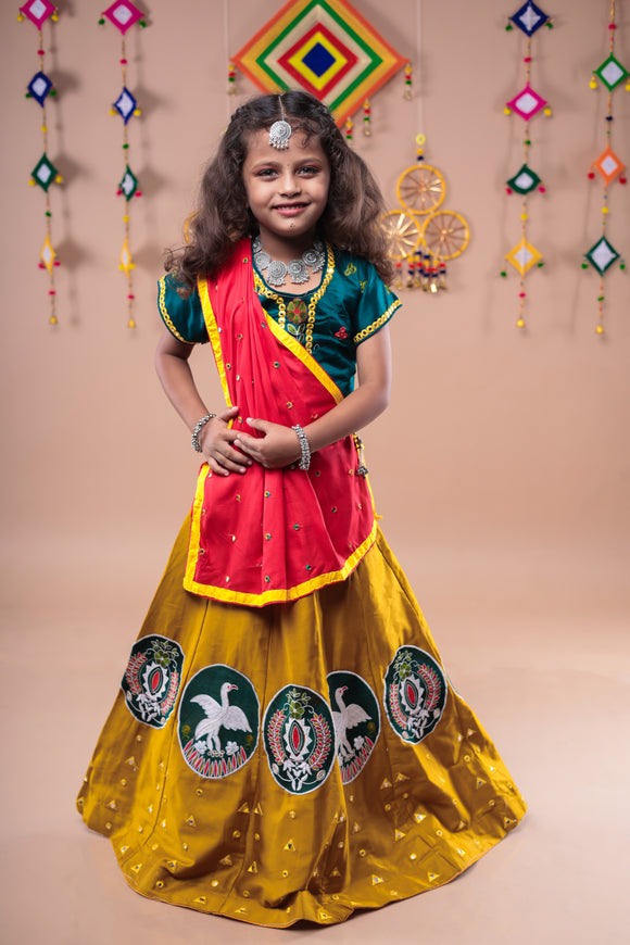 Banjara India Kutchi Embroidered Girls Chaniya Choli with Dupatta (CC-Bird)-Yellow