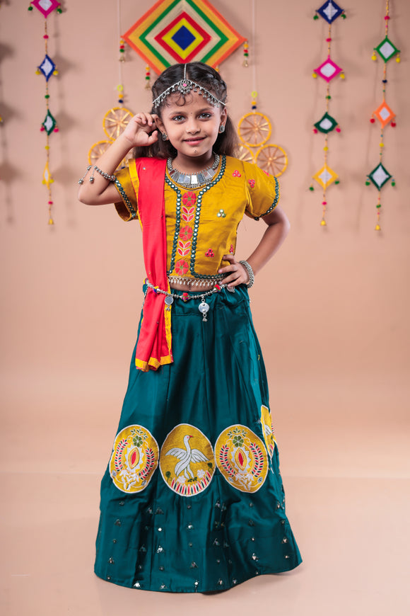 Banjara India Kutchi Embroidered Girls Chaniya Choli with Dupatta (CC-Bird)-Green