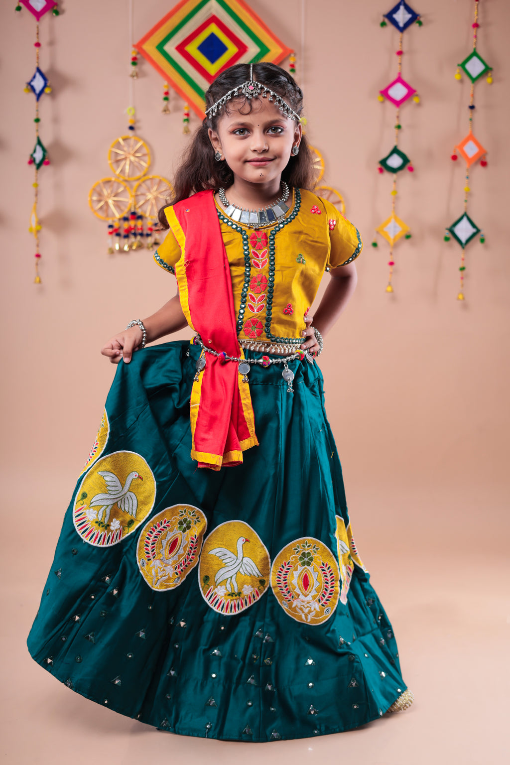 Banjara India Kutchi Embroidered Girls Chaniya Choli with Dupatta (CC-Bird)-Green