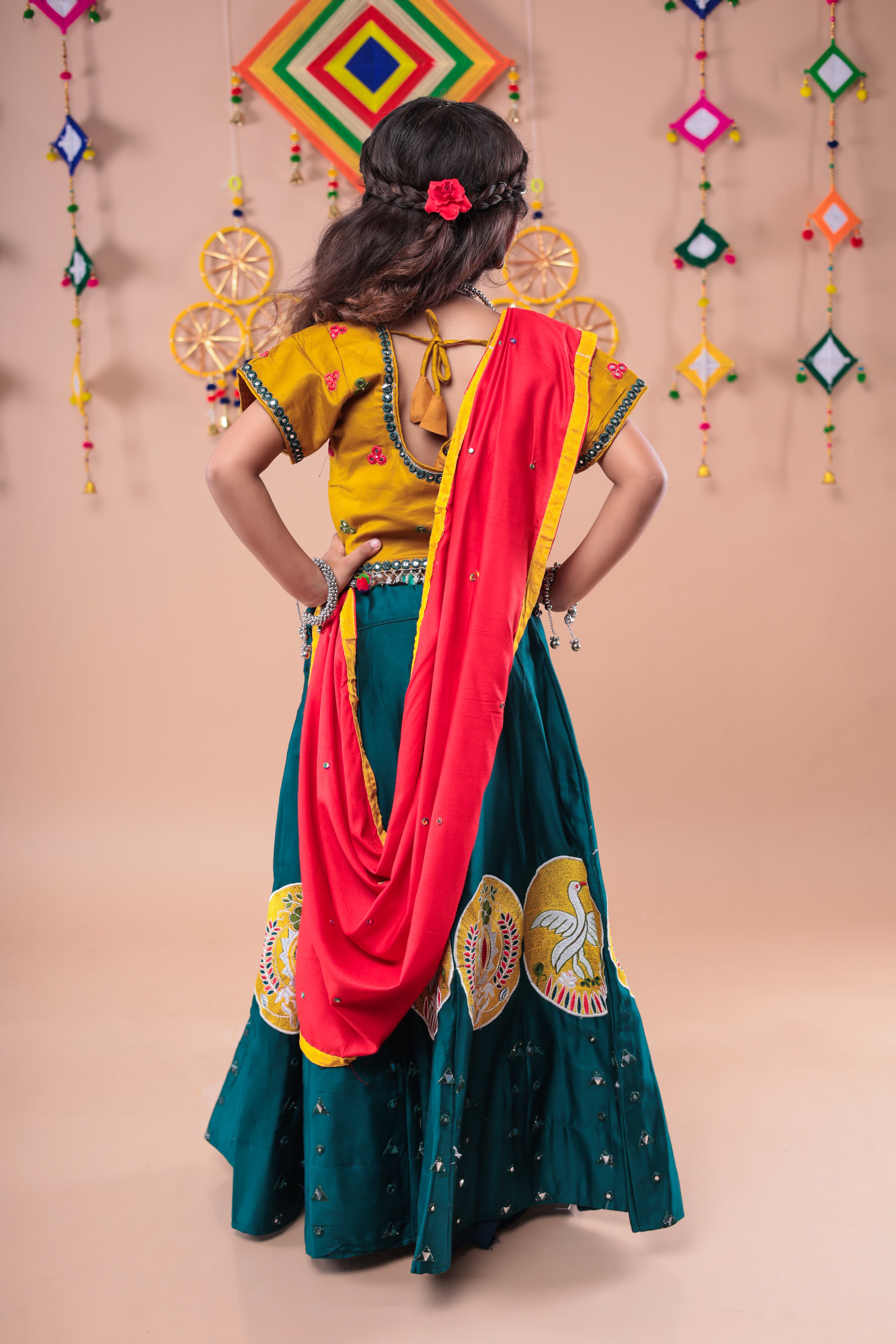 Banjara India Kutchi Embroidered Girls Chaniya Choli with Dupatta (CC-Bird)-Green