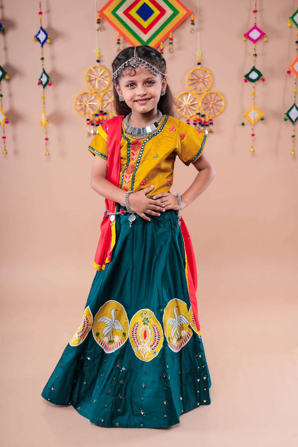 Banjara India Kutchi Embroidered Girls Chaniya Choli with Dupatta (CC-Bird)-Green