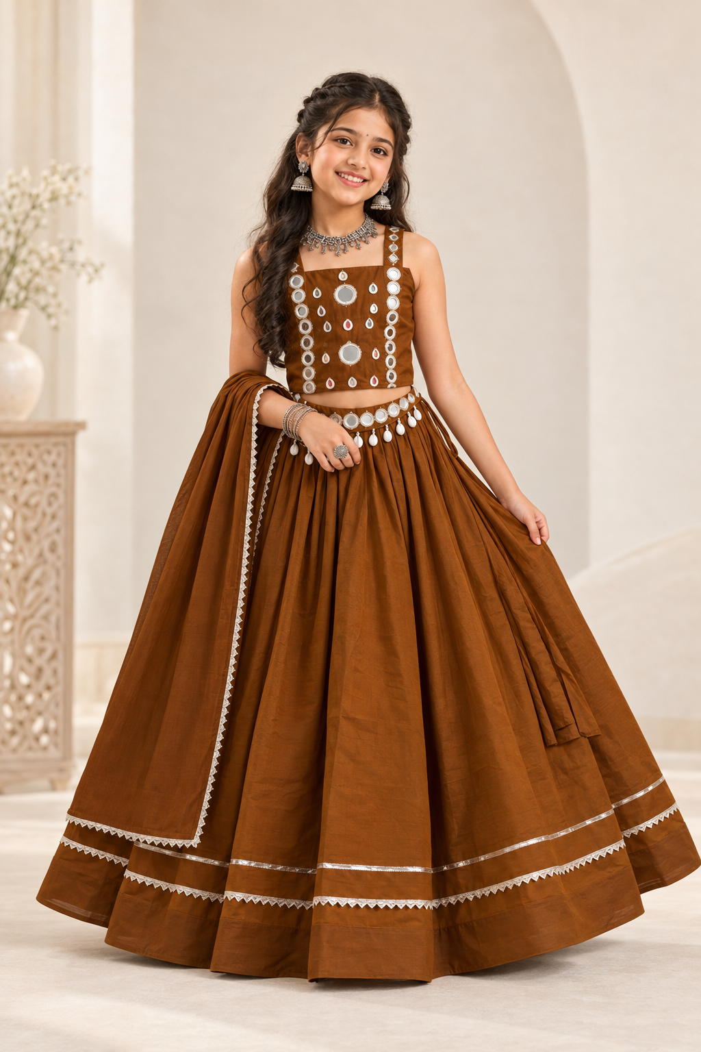 Banjara India Roman Silk Festive Wear Lehanga Choli Set (CC-SIYA-Brown)