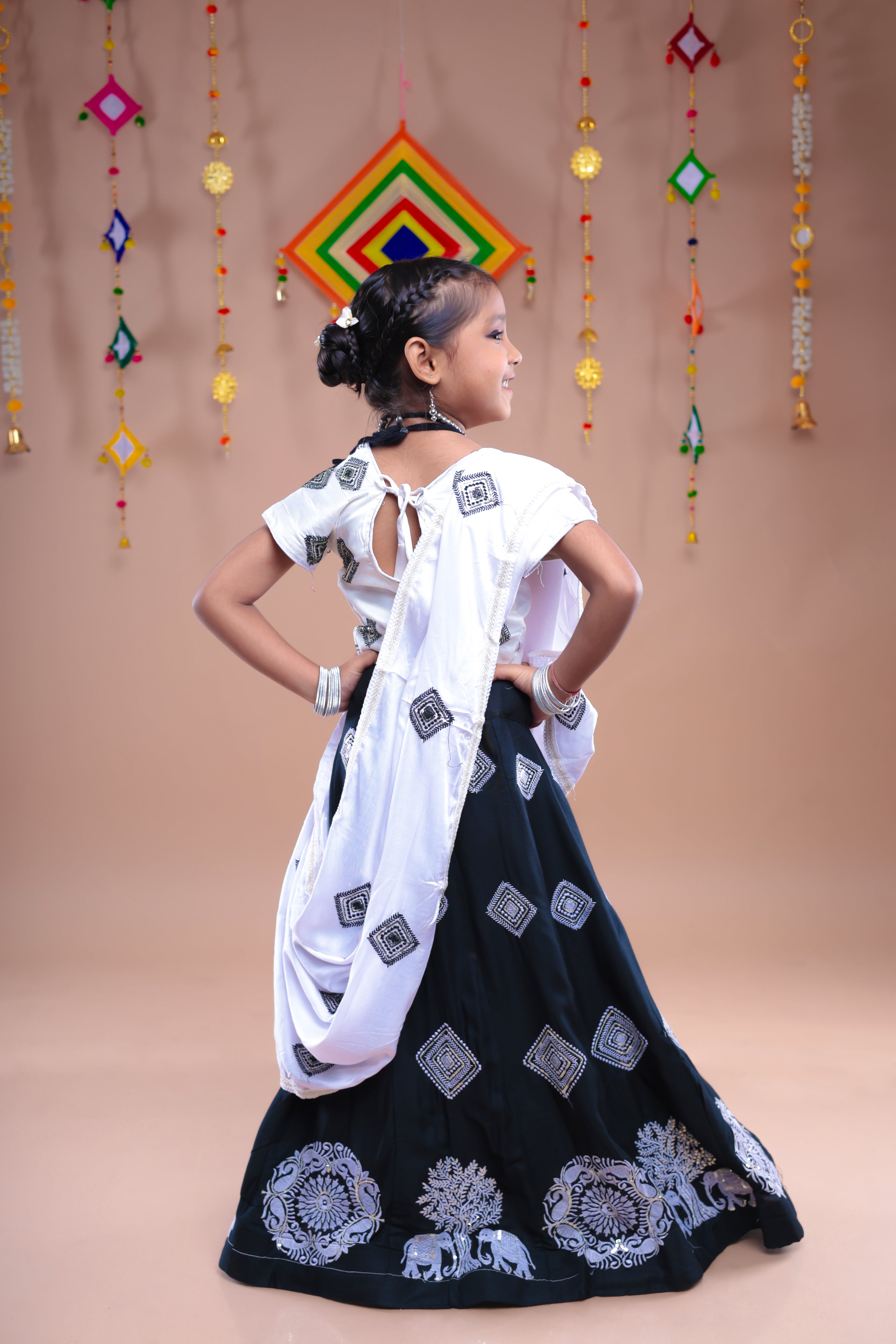 Banjara India Kutchi Embroidered Girls Chaniya Choli with Dupatta (CC-WHRK)-Black