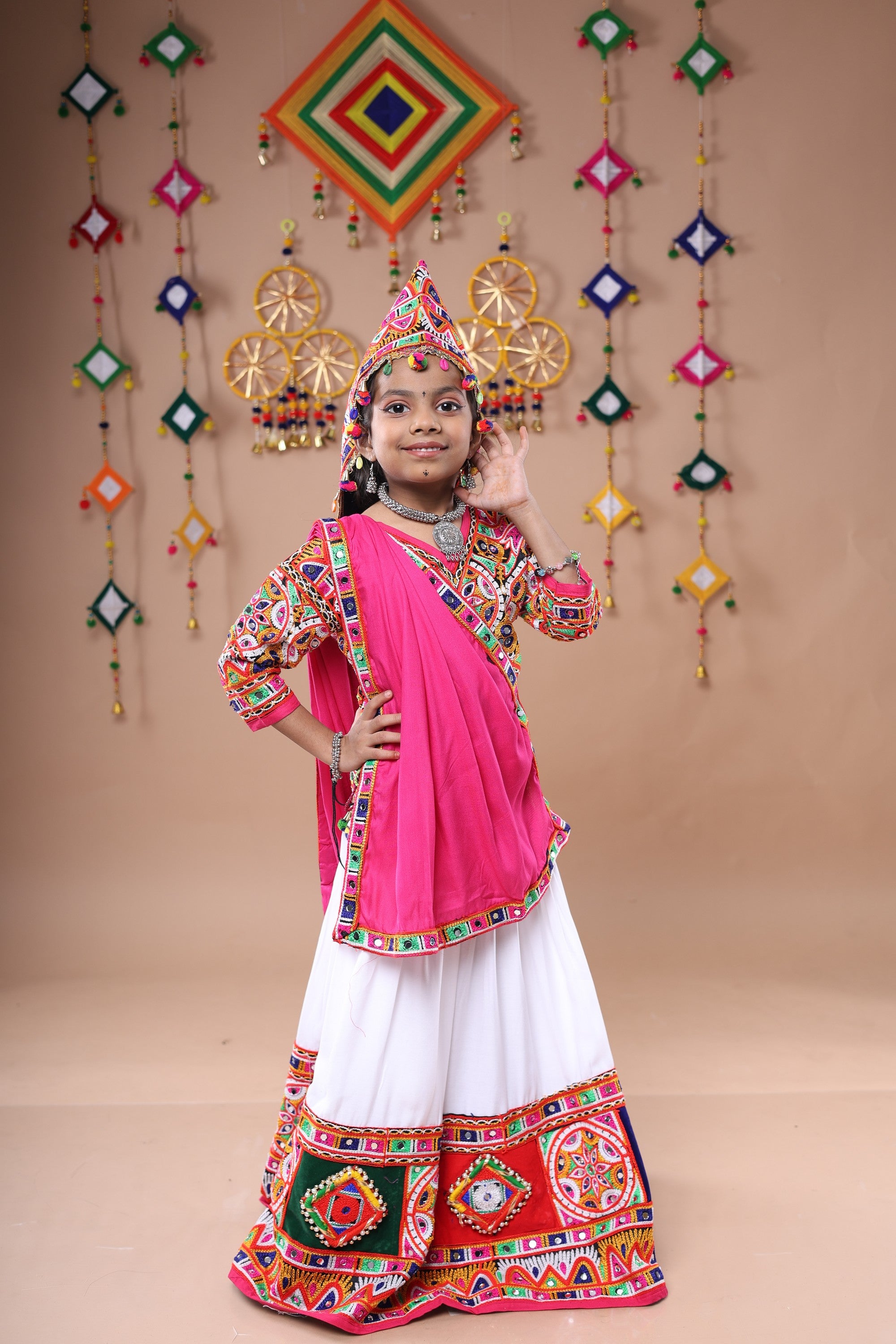 Banjara India Festive Wear Kutchwork Embroidered Girls Lehenga Choli Set with Dupatta (CC-JHMK) - White