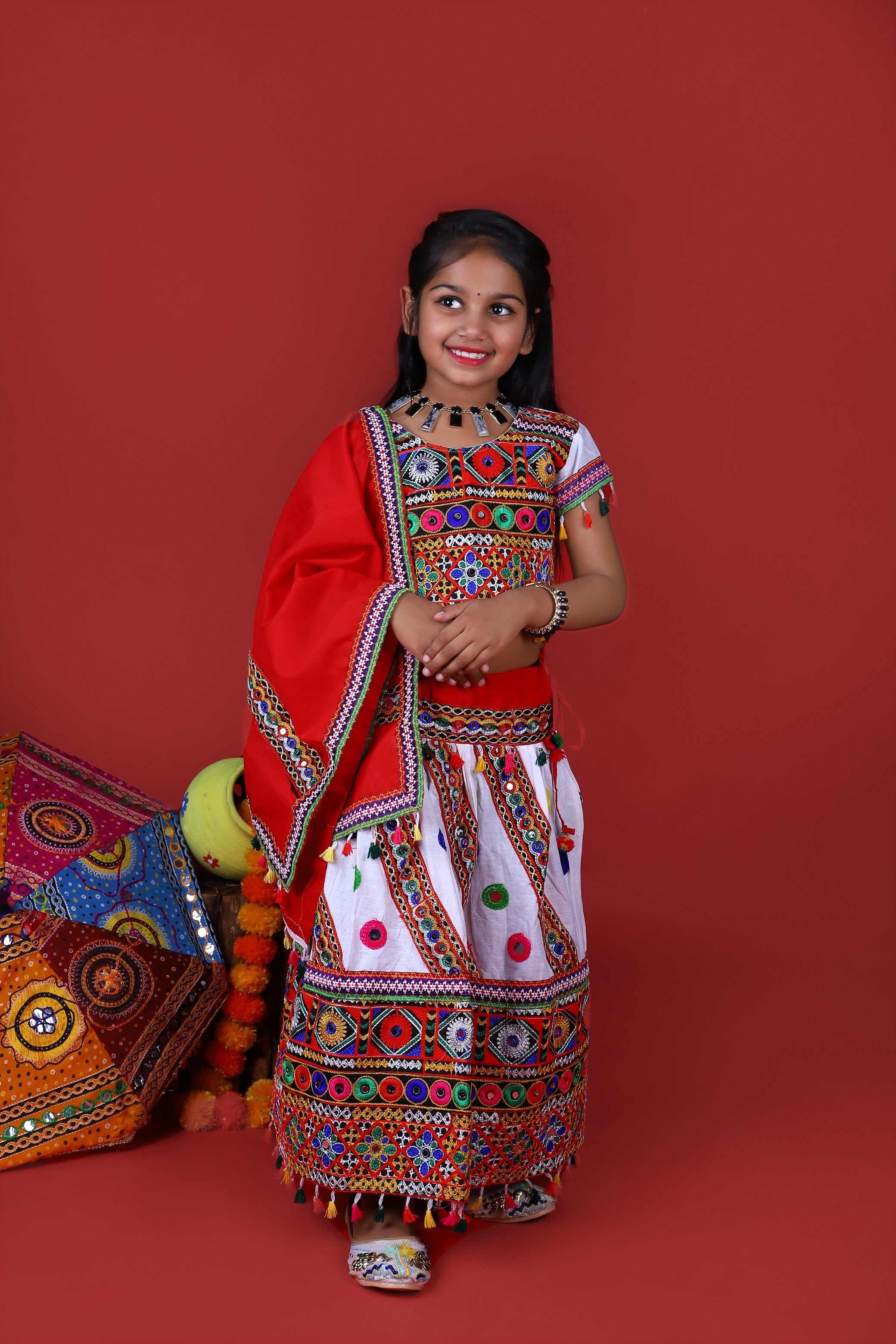 Banjara India Kutchi Emboidered White Girls Chaniya Choli with Dupatta (CC-WAVE) - WHITE