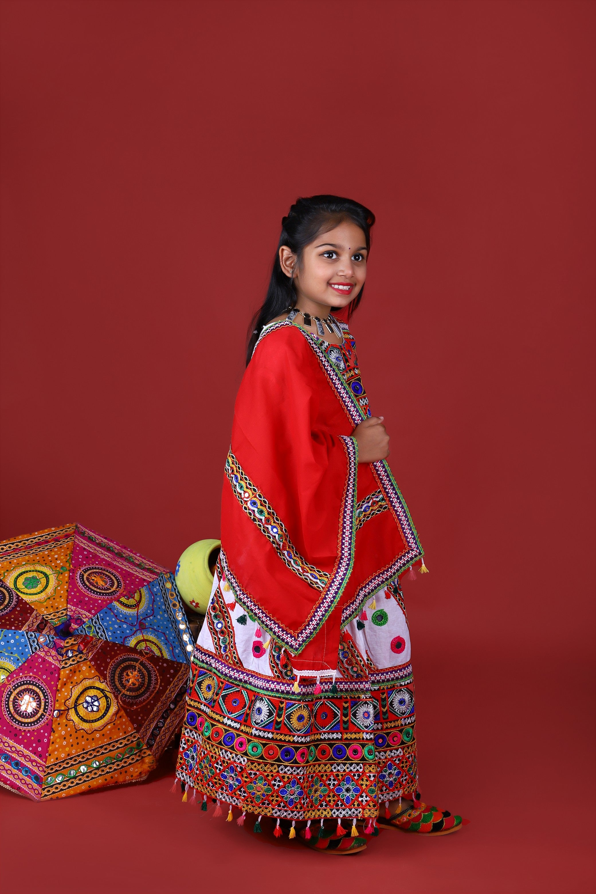 Mother-Daugther Combo Cotton Embroidered Lehenga Choli Set (WAVE- Combo) - White