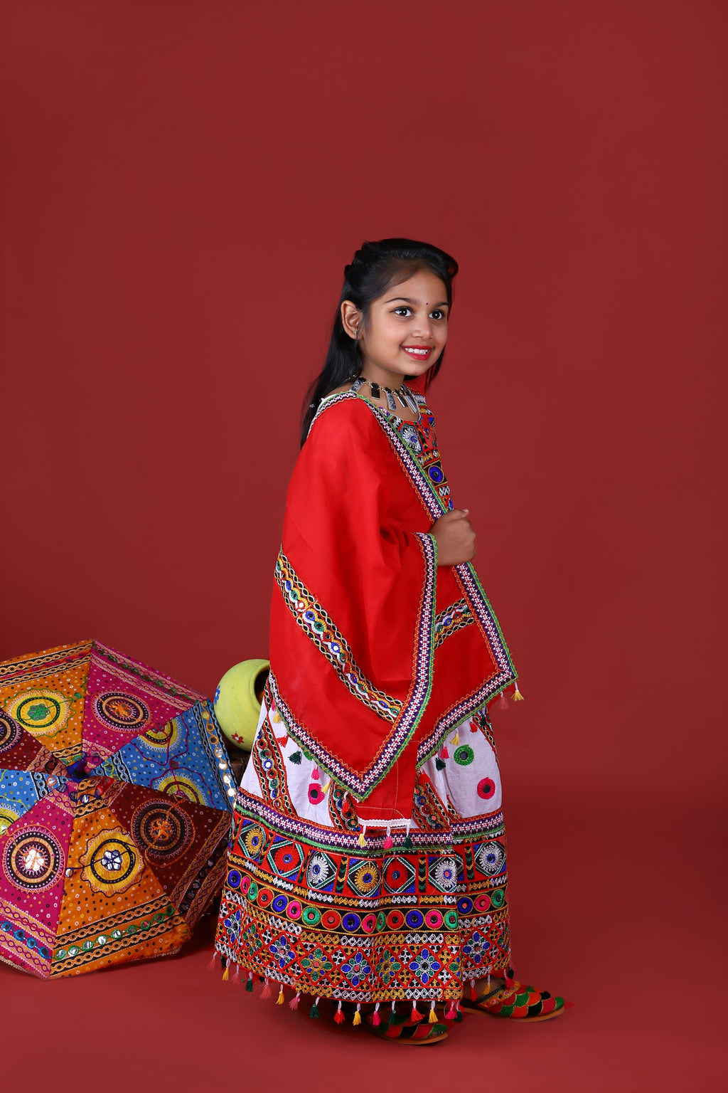 Banjara India Kutchi Emboidered White Girls Chaniya Choli with Dupatta (CC-WAVE) - WHITE