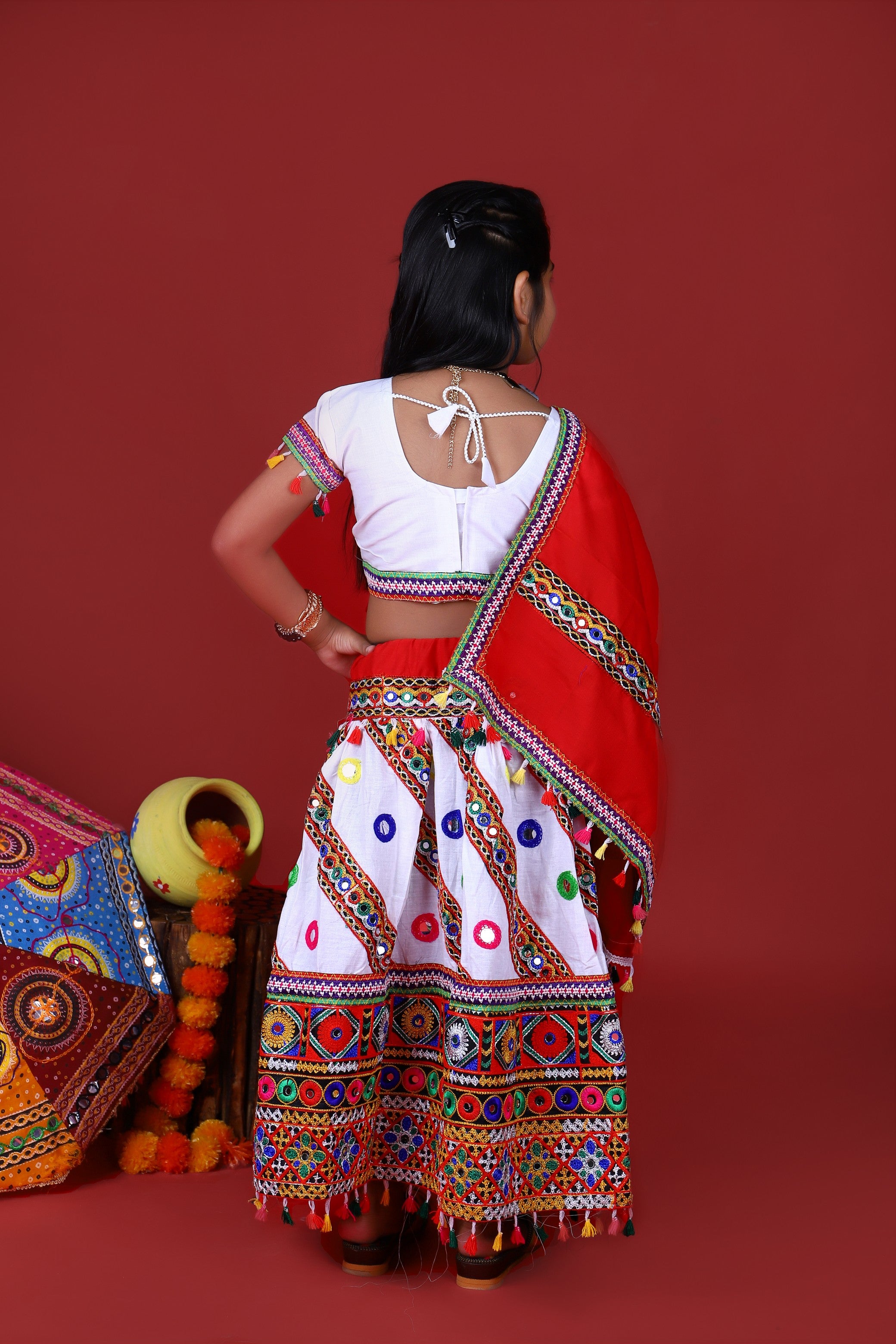 Banjara India Kutchi Emboidered White Girls Chaniya Choli with Dupatta (CC-WAVE) - WHITE