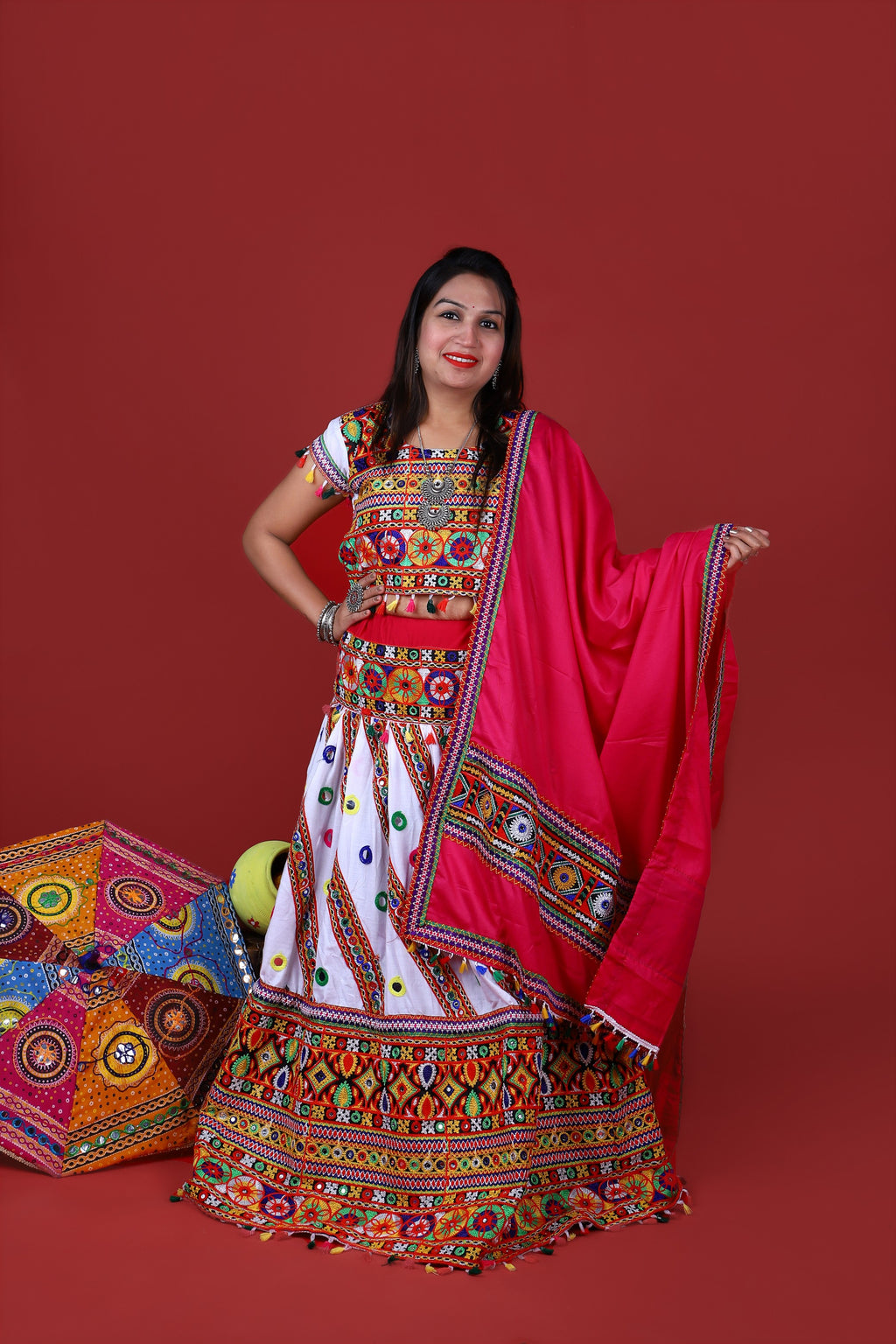 Mother-Daugther Combo Cotton Embroidered Lehenga Choli Set (WAVE- Combo) - White