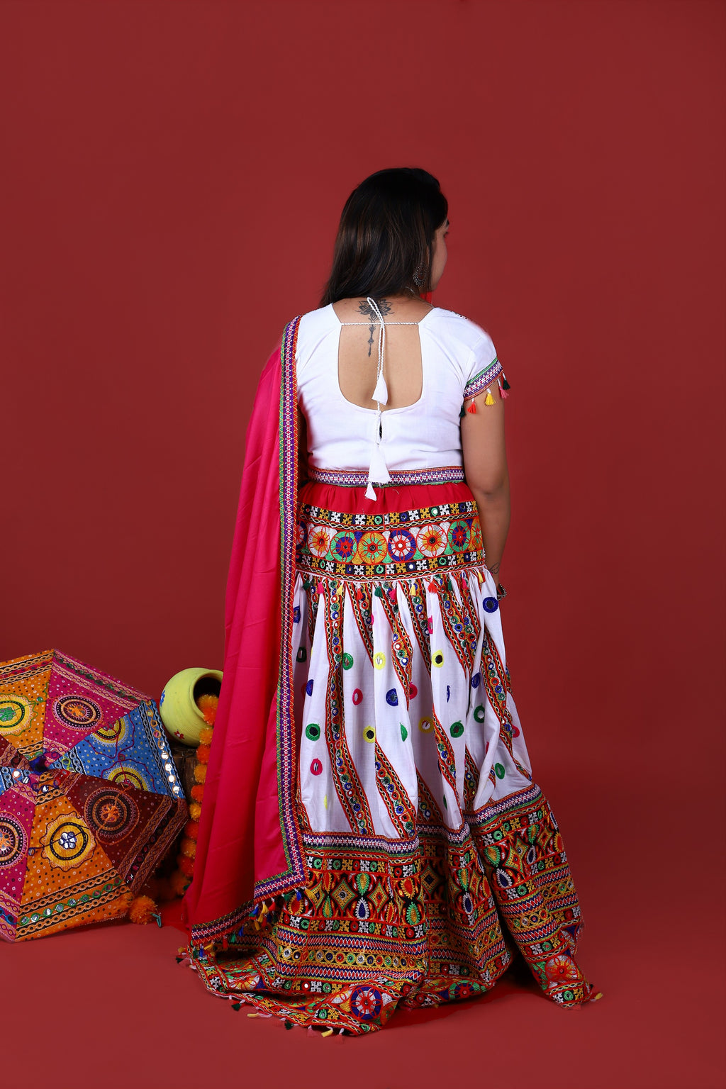 Mother-Daugther Combo Cotton Embroidered Lehenga Choli Set (WAVE- Combo) - White