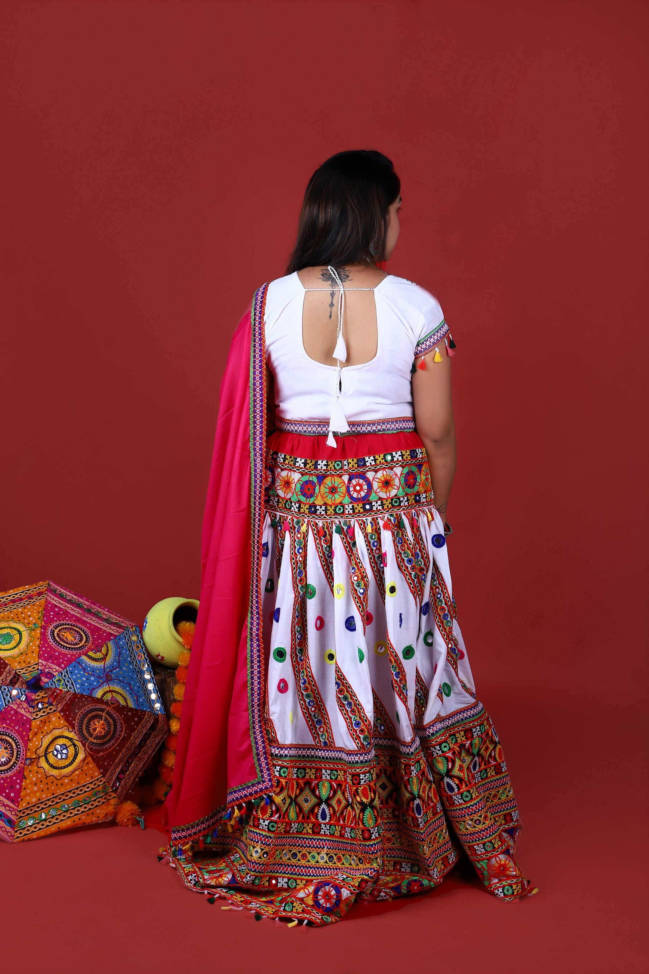 Mother-Daugther Combo Cotton Embroidered Lehenga Choli Set (WAVE- Combo) - White