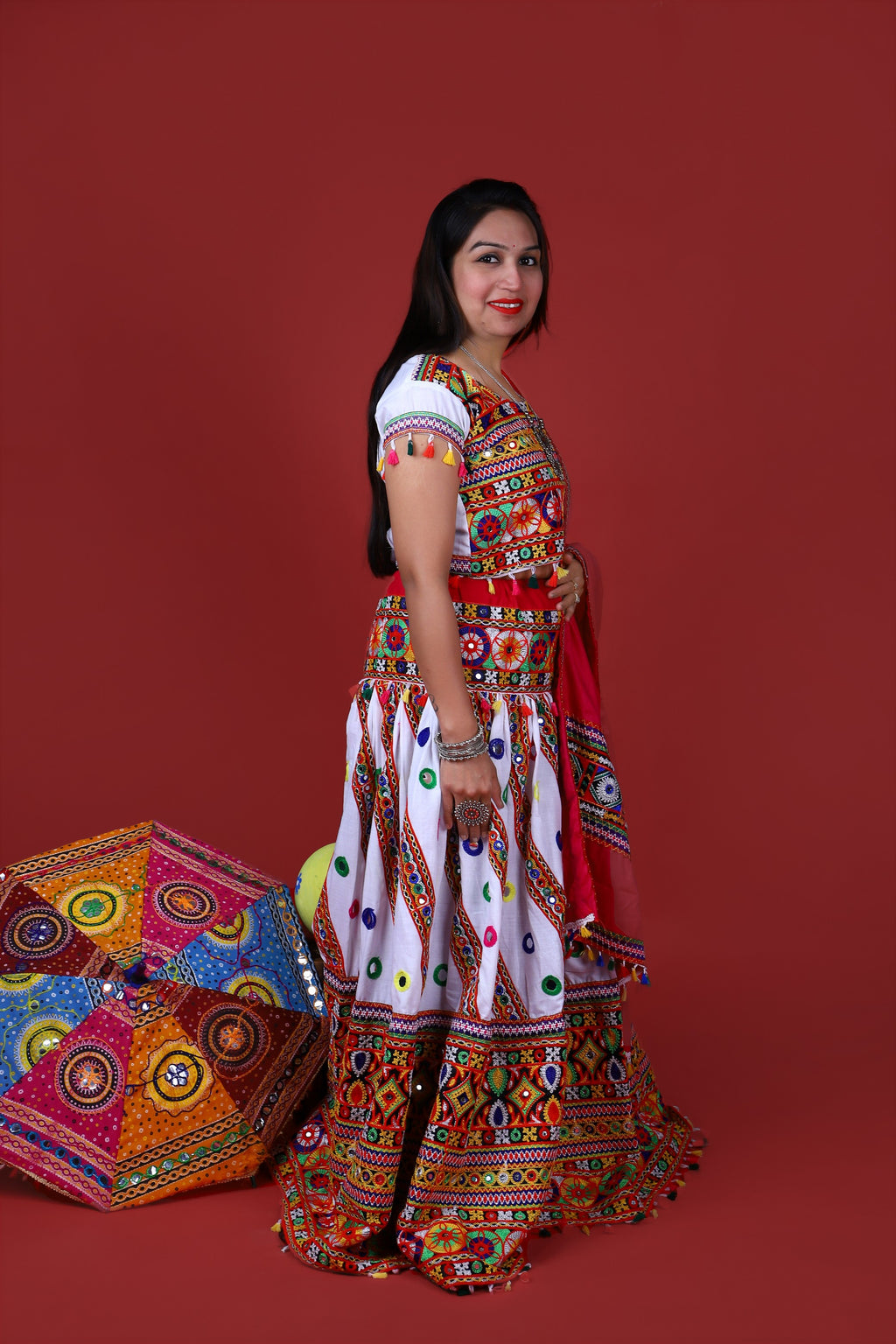 Mother-Daugther Combo Cotton Embroidered Lehenga Choli Set (WAVE- Combo) - White