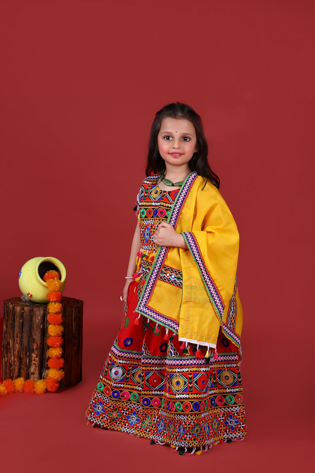 Banjara India Kutchi Emboidered Red Girls Chaniya Choli with Dupatta (CC-WAVE) - Red