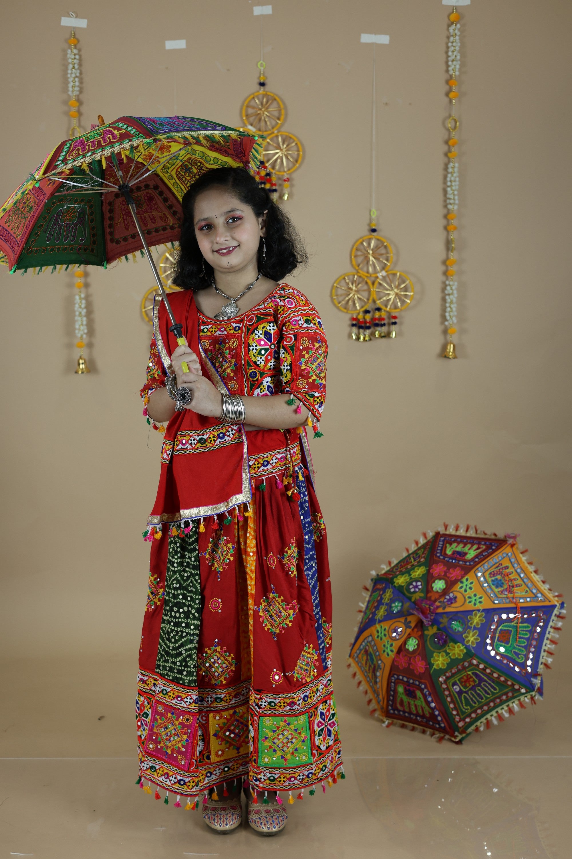 Banjara India Festive Wear Kutchwork Embroidered Girls Lehenga Choli Set with Dupatta (CC-SNDO) - Red