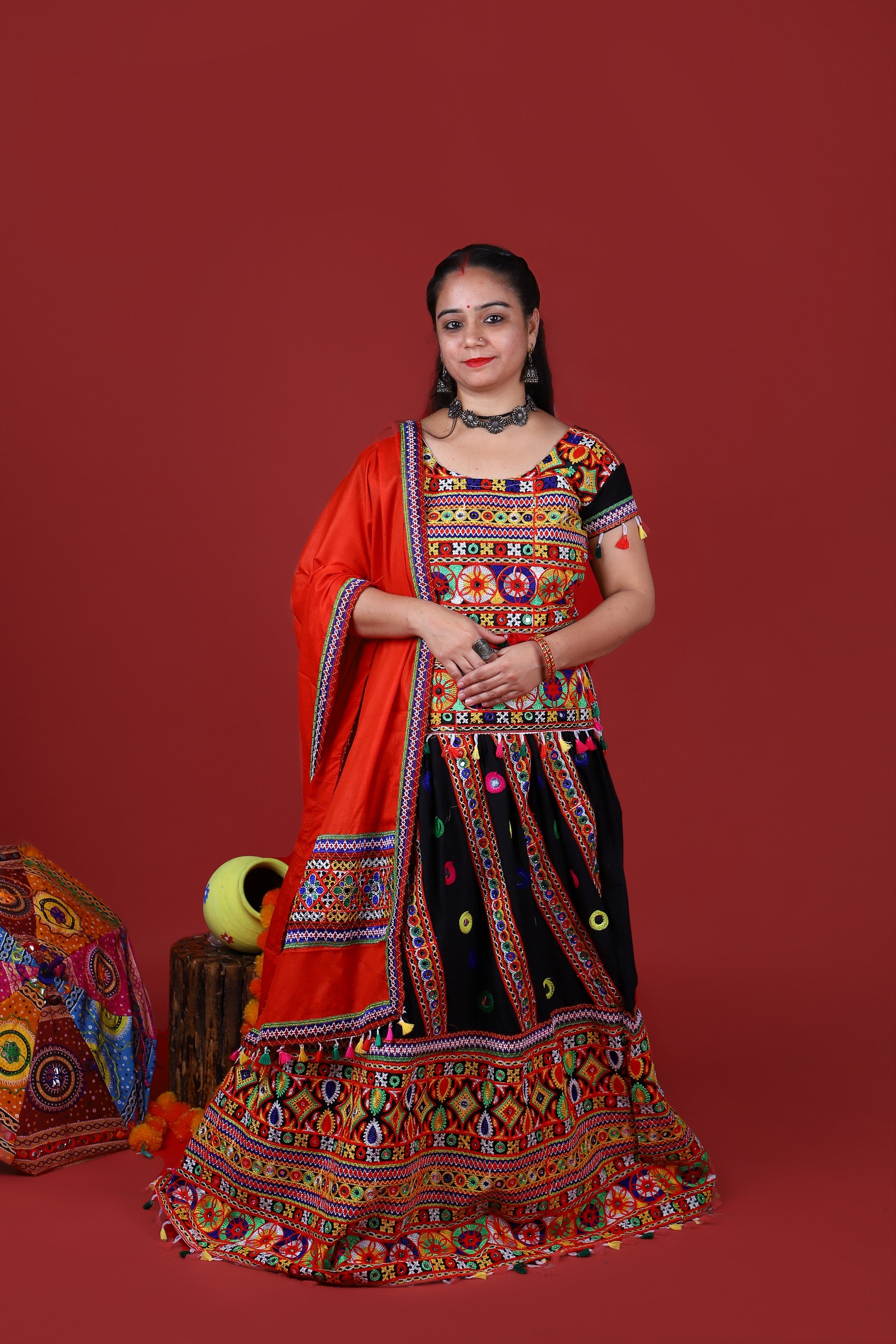 Mother-Daugther Combo Cotton Embroidered Lehenga Choli Set (WAVE- Combo) - Black