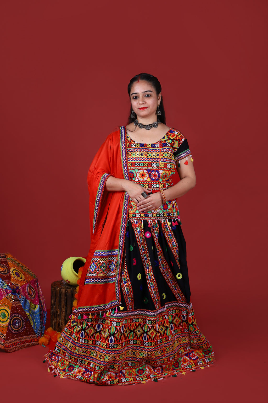 Banjara India Cotton Long Flair Aari Embroidery Kutch Work (Lehenga Choli) Chaniya Choli Set with Dupatta -(CC-WAVE-BLACK)
