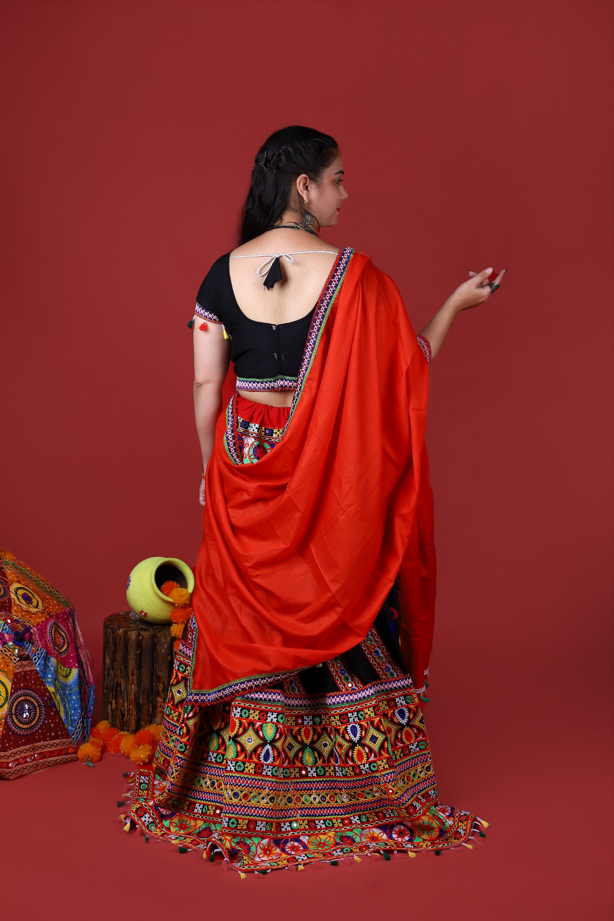 Banjara India Cotton Long Flair Aari Embroidery Kutch Work (Lehenga Choli) Chaniya Choli Set with Dupatta -(CC-WAVE-BLACK)
