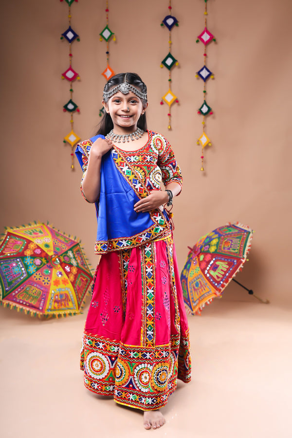 Banjara India Festive Wear Kutchwork Embroidered Girls Lehenga Choli Set with Dupatta (CC-SCKK) - Pink